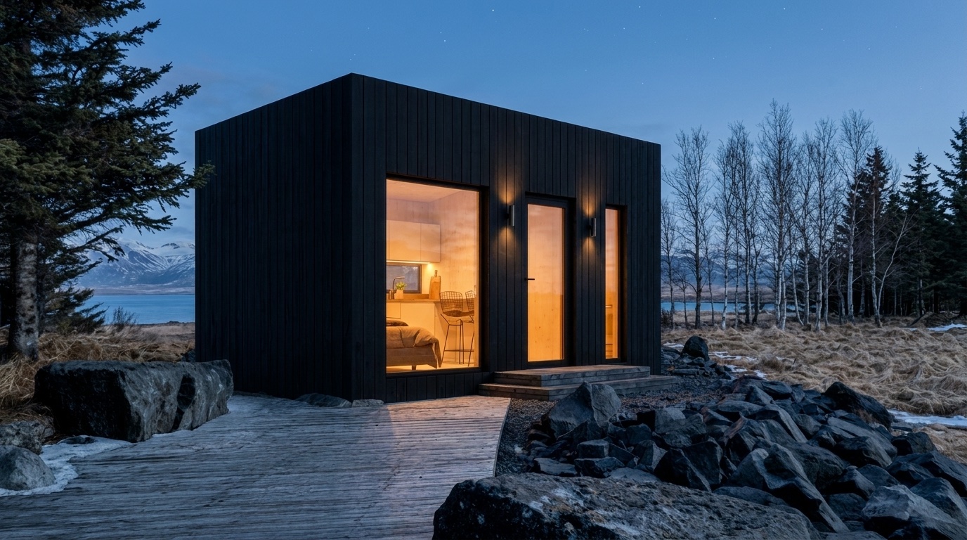 KUBO 15m² hús við fjörð í ljósaskiptum