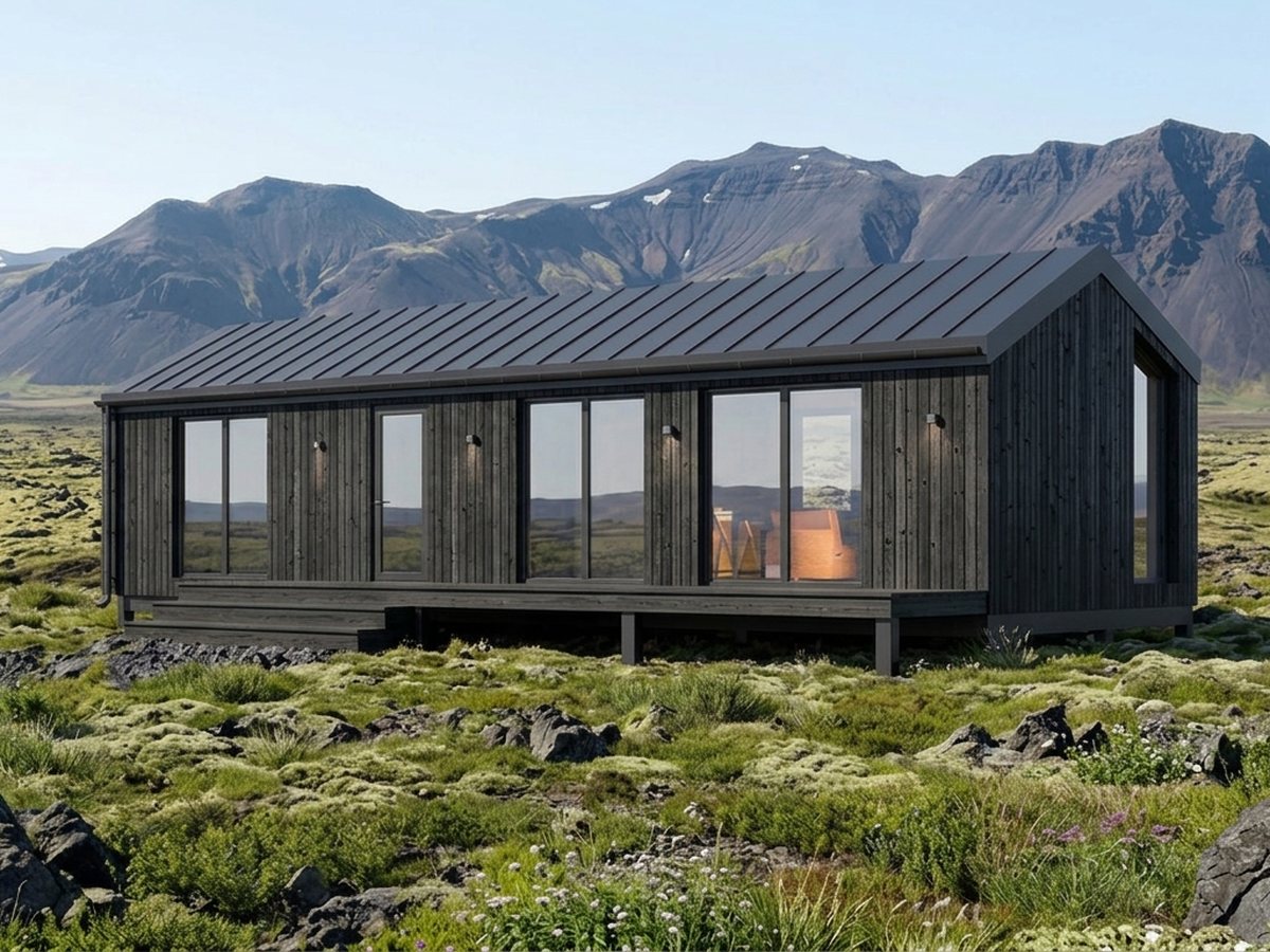 KUBO 54 svart heilsárshús í íslensku landslagi